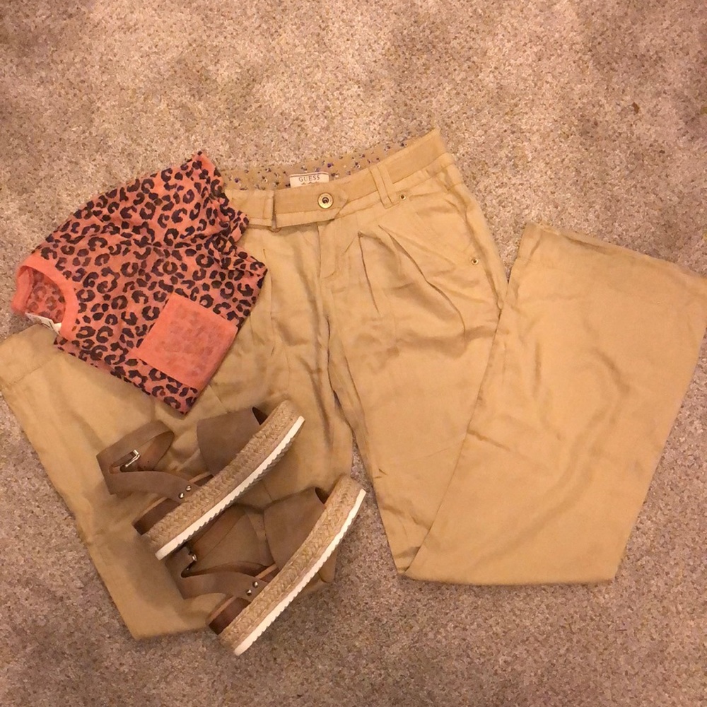 Guess khaki wide leg linen pants